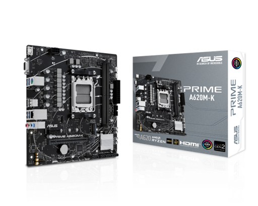 ASUS Placa Madre PRIME A620M-K (AM5, DDR5 4800/7200+MHz, M.2, RGB, MicroATX)